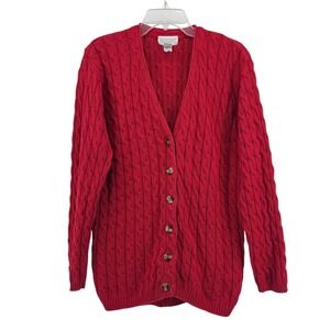 Lands End Womens Red Cable Knit Cardigan Sweater Medium Grandmacore Cozy Outdoor